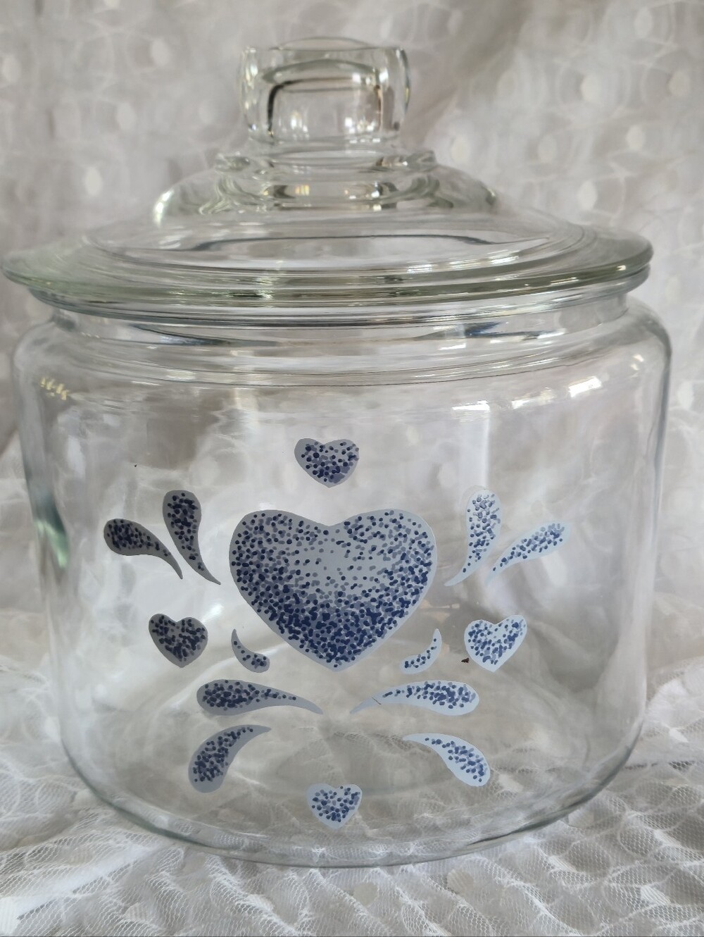 Corelle " Blue Hearts " Vintage Clear Glass Cookie Jar with Lid